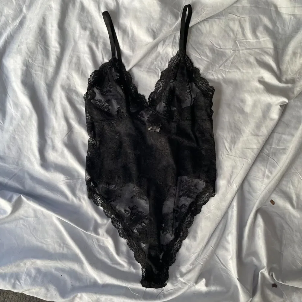 Vintage y2k ARIANNE LINGERIE Thong Back Black Lace BODYSUIT Teddy L nwot
